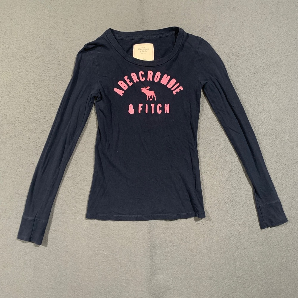 Abercrombie & Fitch Long Sleeve Tee Womens Small Navy Pink Logo Y2K Preppy Shirt
